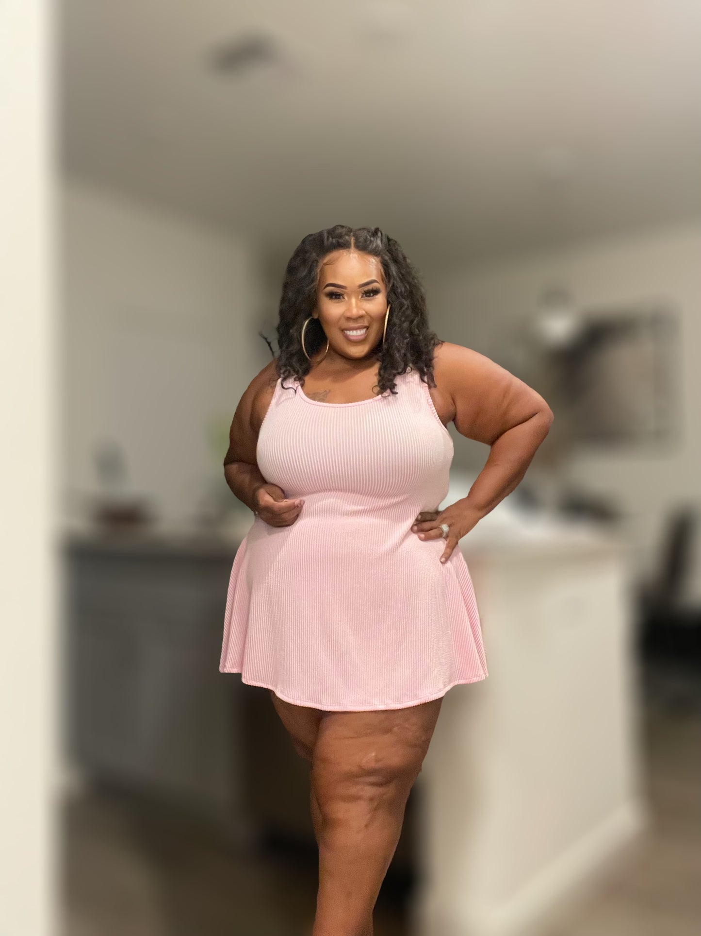 PLUS SIZE RIBBED FLARE MINI DRESS-BABY PINK