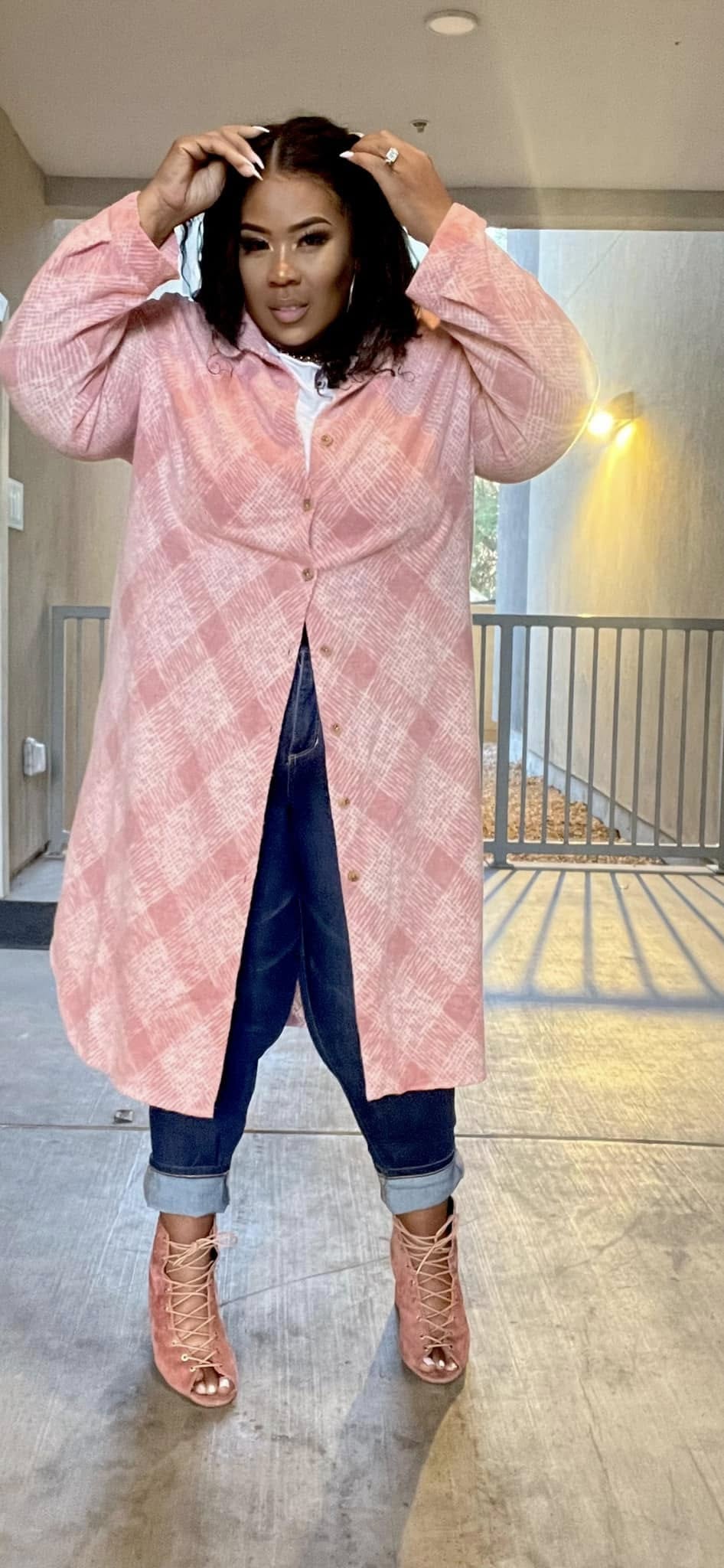 PLUS SIZE Plus Knitted Plaid Soft Long Jacket (mauve)-64