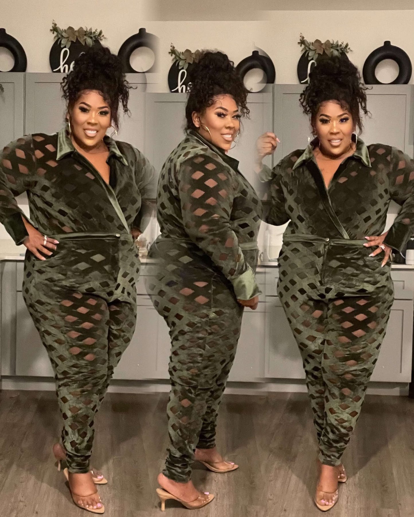 PLUS SIZE "DARE TO BE DIFFERENT" 2-PIECE MESH & VELVET SET-OLIVE-31