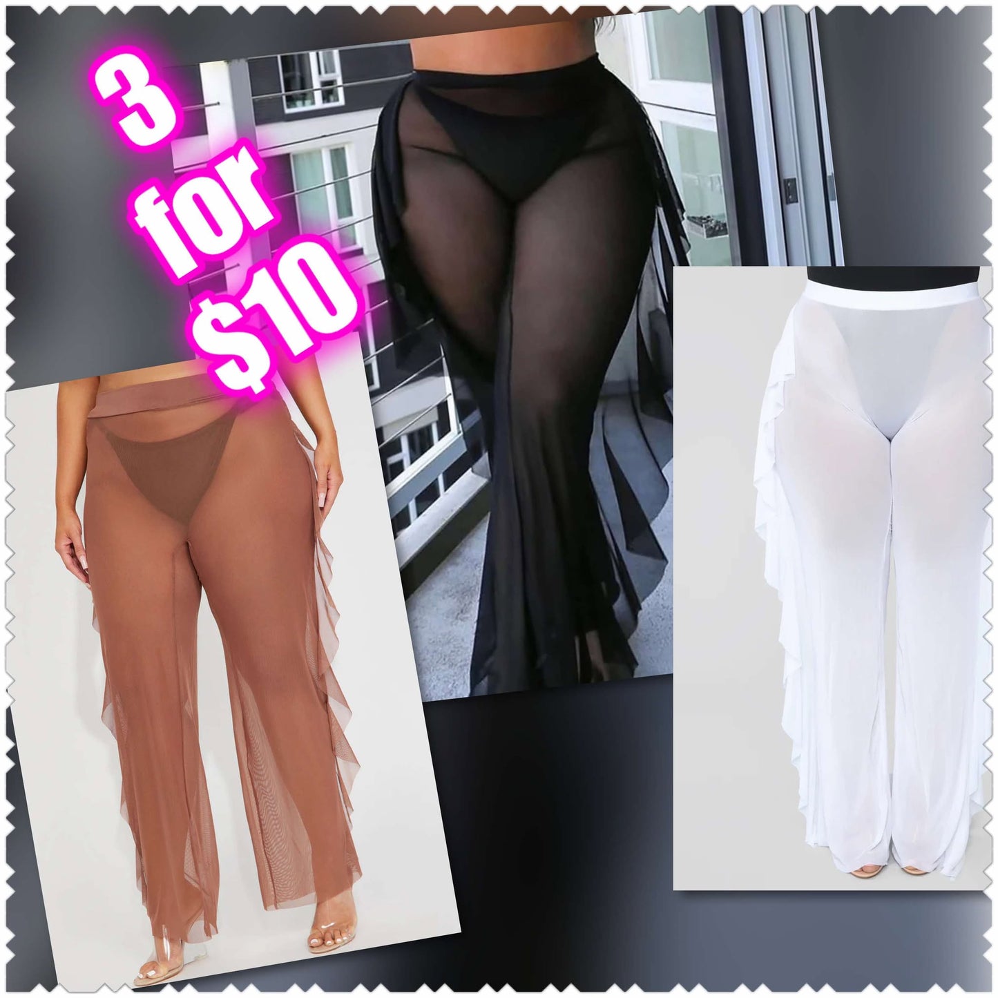 PLUS SIZE 3-PACK MESH RUFFLE SIDE PANTS-50