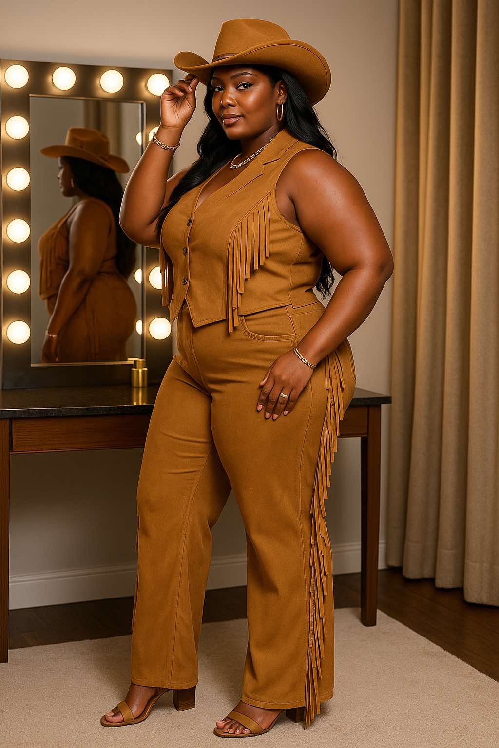 PLUS SIZE FAUX SUEDE Button Down Side Tassel 2-Piece Set-CAMEL-05