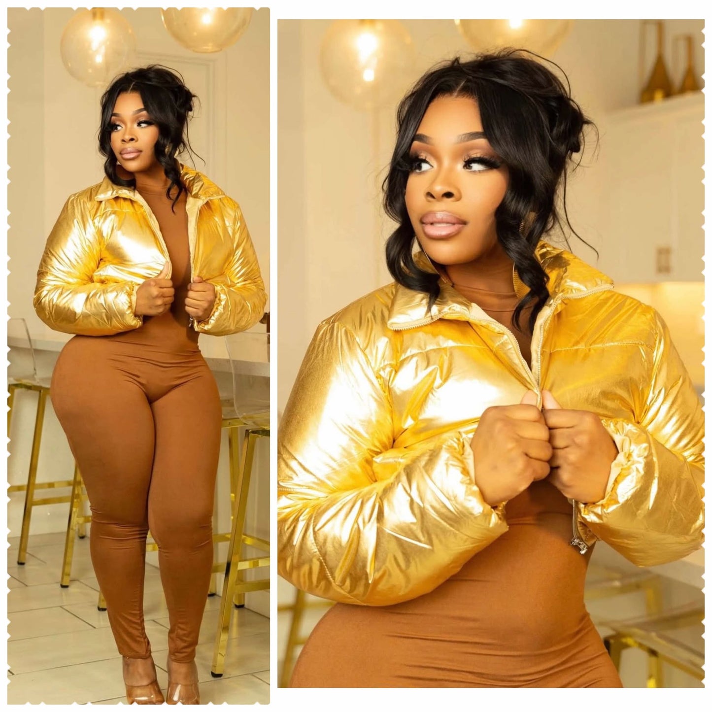 Cropped Puffer Bomber Jacket -GOLD