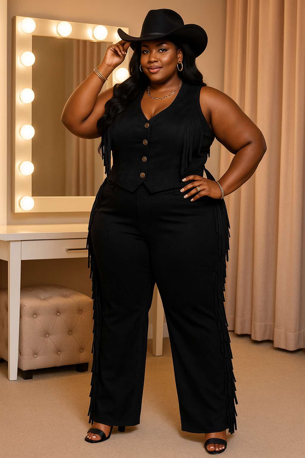 PLUS SIZE FAUX SUEDE Button Down Side Tassel 2-Piece Set-BLACK-05