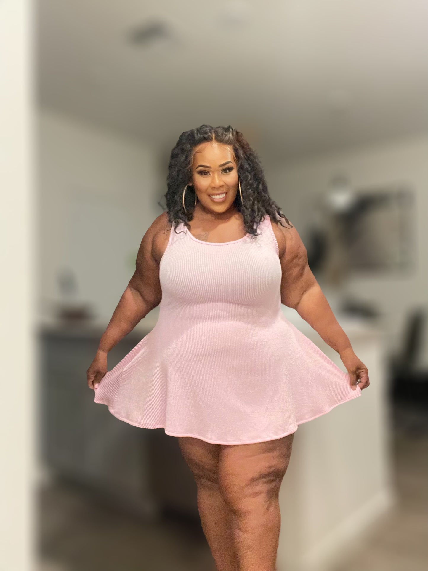 PLUS SIZE RIBBED FLARE MINI DRESS-BABY PINK