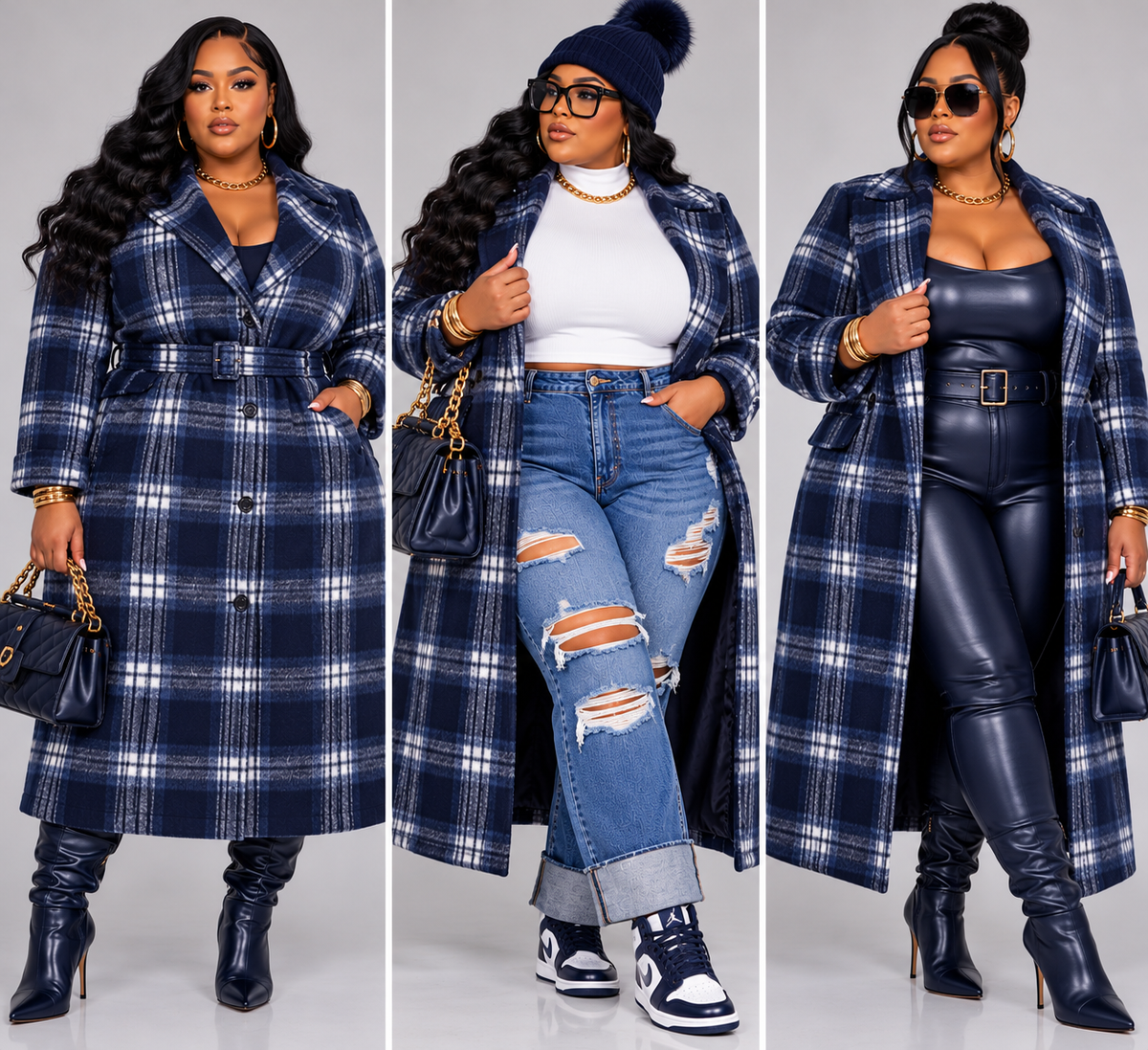 PLUS SIZE NAVY PLAID TRENCH COAT