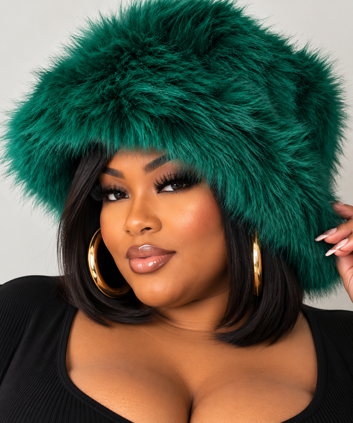 Wide Fluffy Faux Fur Bucket Hat-HUNTER GREEN