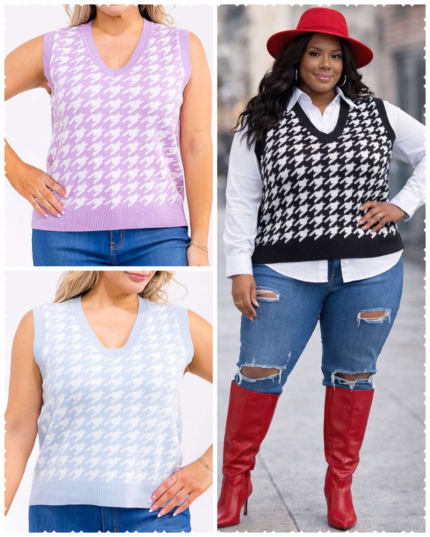 PLUS SIZE SLEEVELESS HOUNDSTOOTH SWEATER VEST-