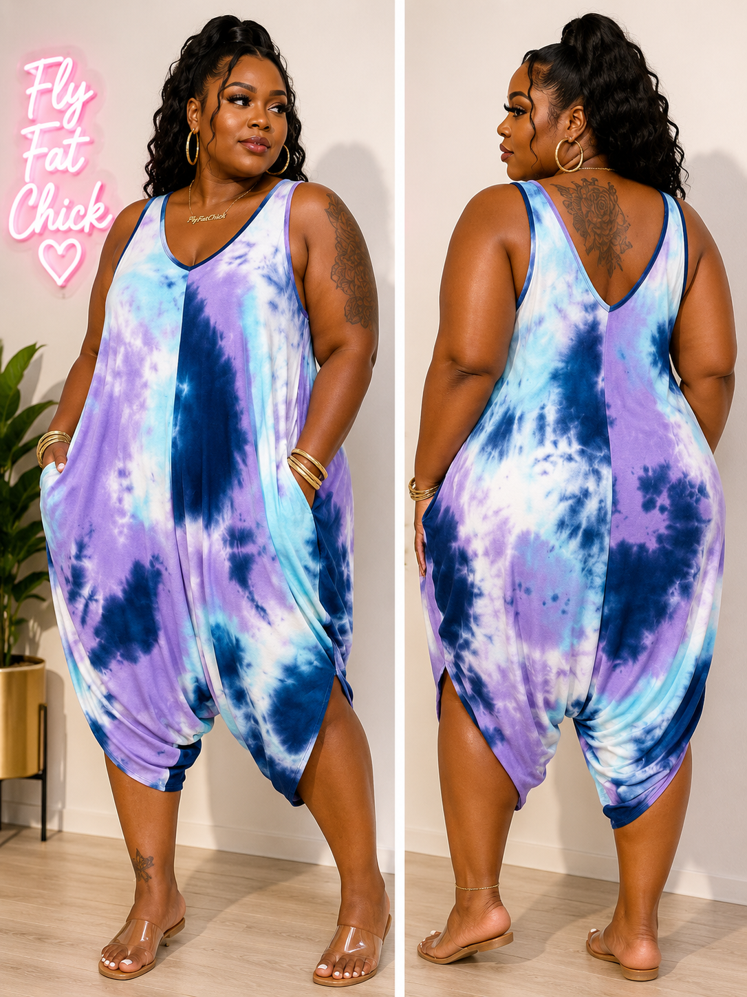 PLUS SIZE Tiedye Harem Jumpsuit-NAVY MIX-08