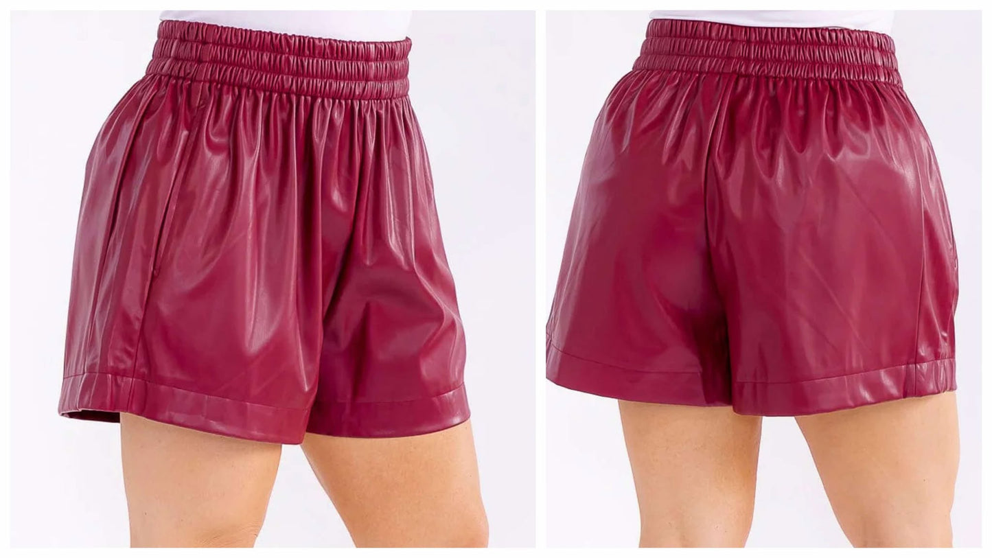 PLUS SIZE FAUX LEATHER 2-POCKET SHORTS-WINE-45