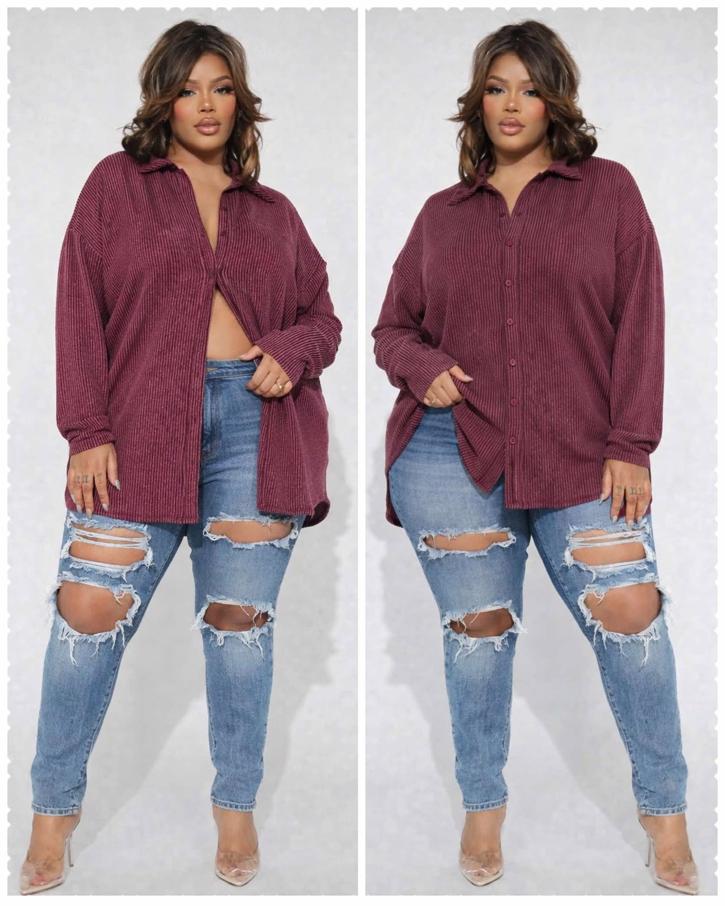 PLUS SIZE BURGUNDY RIBBED LONG SLEEV BOTTON UP TOP-01