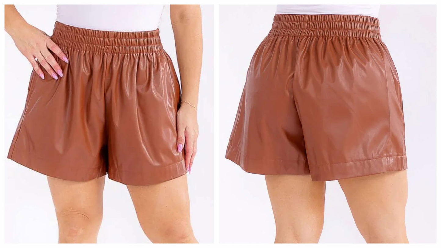 PLUS SIZE FAUX LEATHER 2-POCKET SHORTS-CAMEL-45