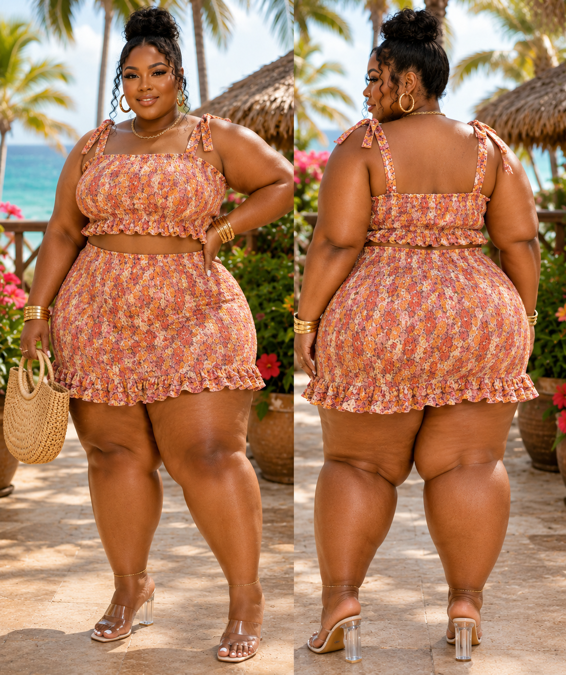PLUS SIZE "CABAN CUTIE" 2-PIECE MINI SKIRT SET-ORANGE MIX-24