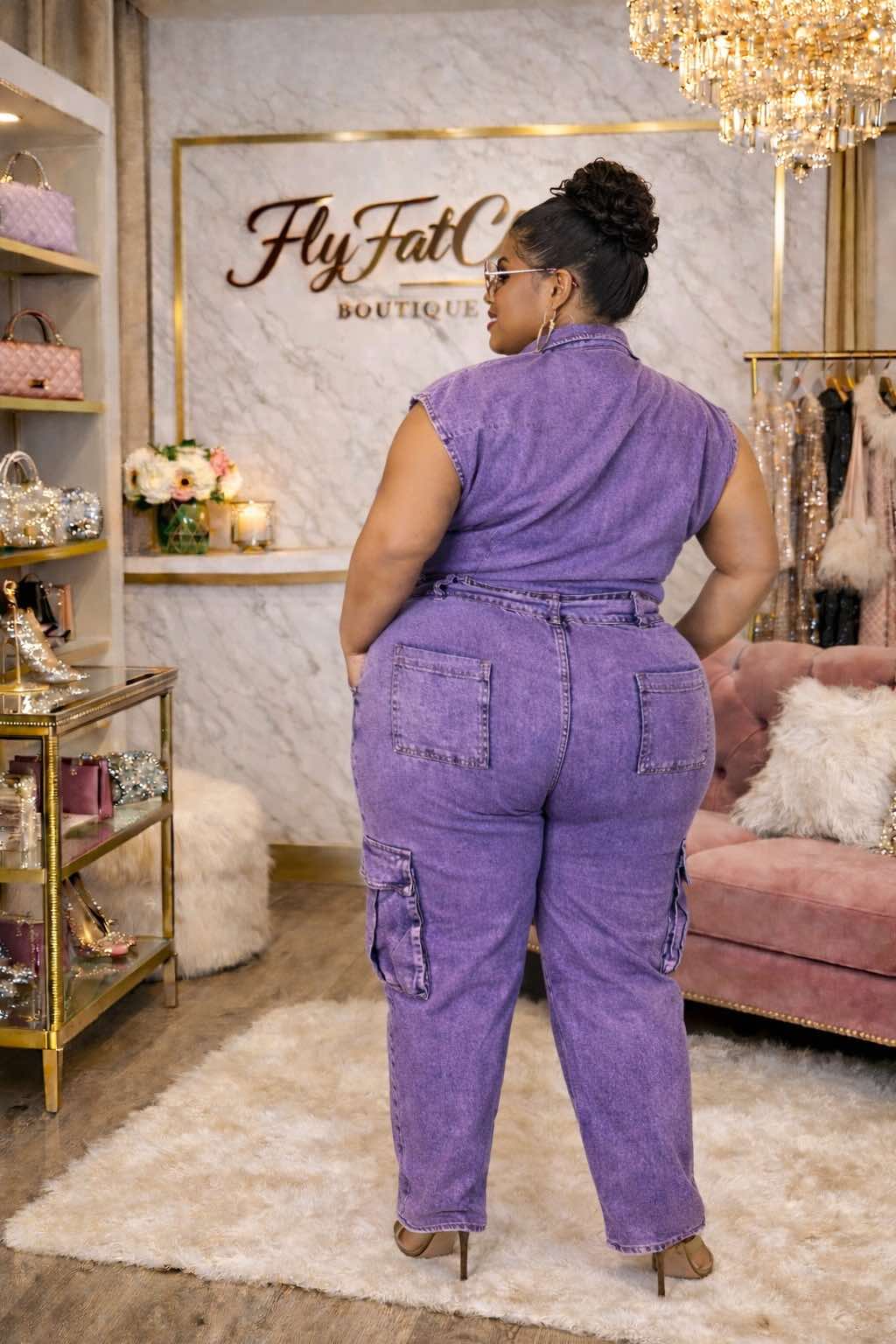 PLUS SIZE PURPLE CARGO ACID WASH STRETCHY DENIM JUMPSUIT-40