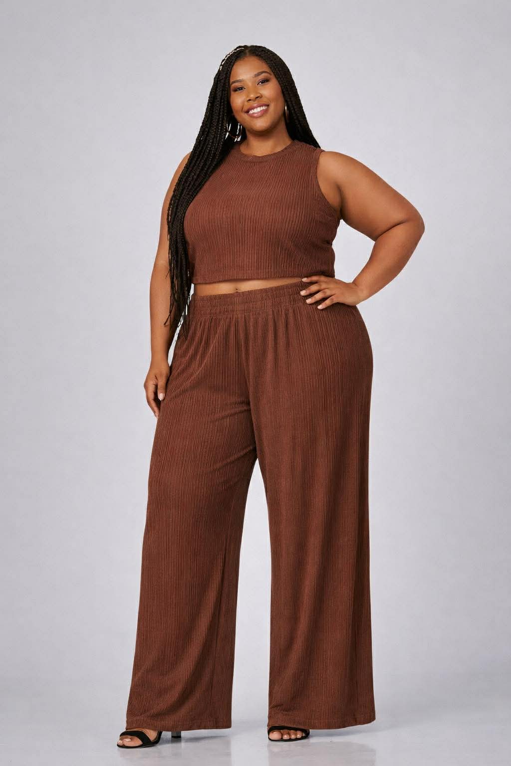 PLUS SIZE 2-piece Plus Crinkle Textured Loungewear Set-CHESTNUT