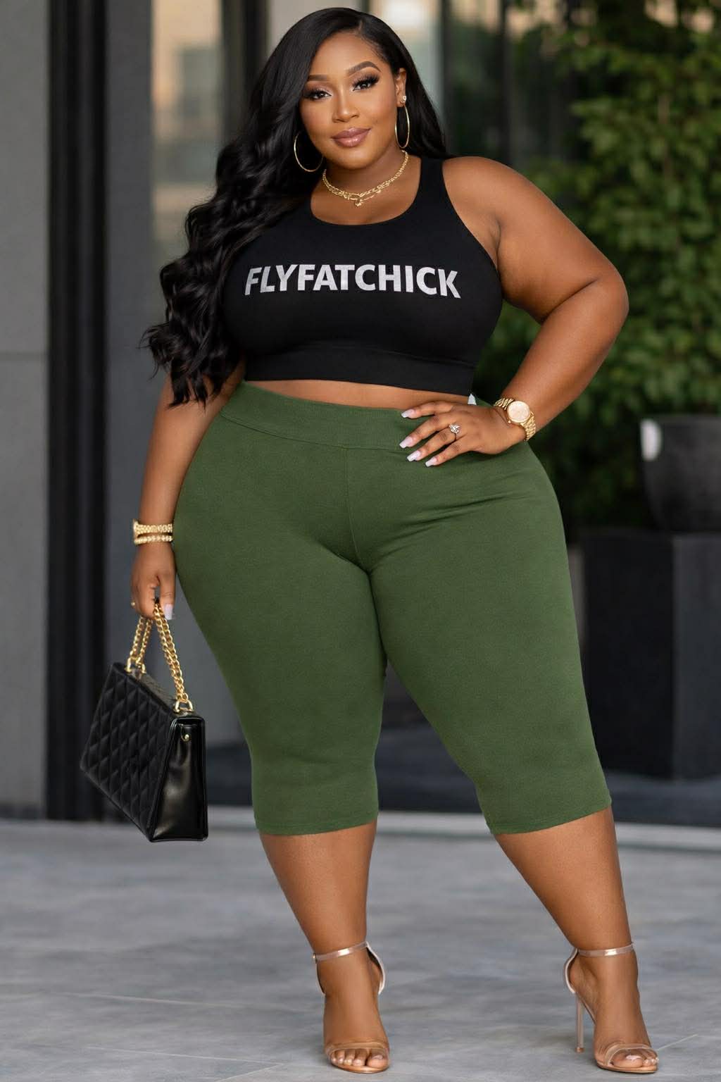 PLUS SIZE Cotton Capri Leggings-OLIVE