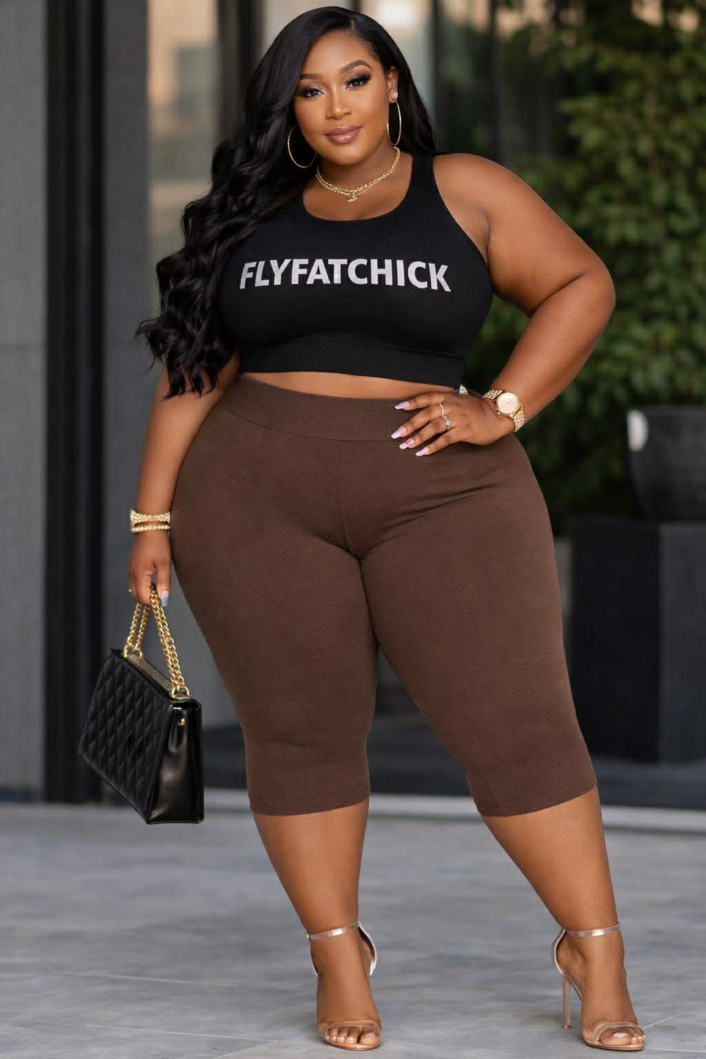 PLUS SIZE Cotton Capri Leggings-BROWN