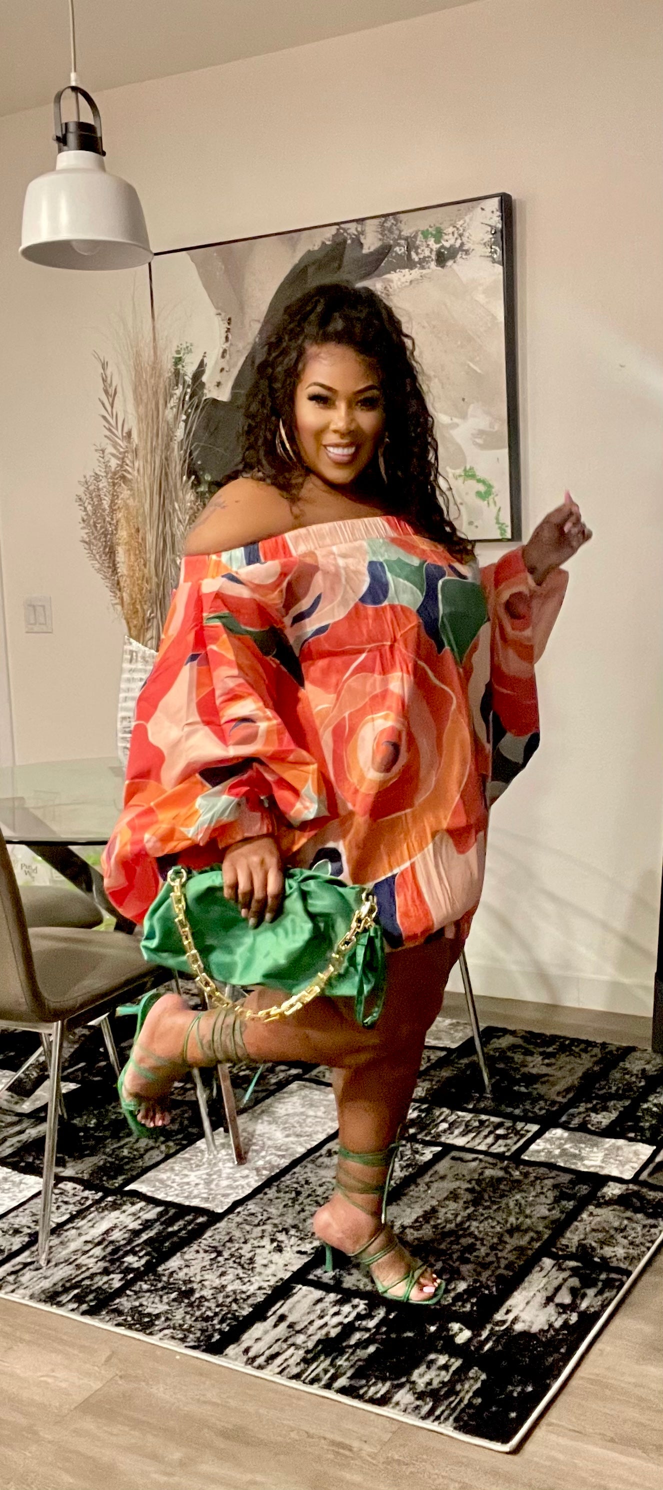 PLUS SIZE Off Shoulder Exaggerated Sleeves Bubble Dress Top-ORANGE MIX