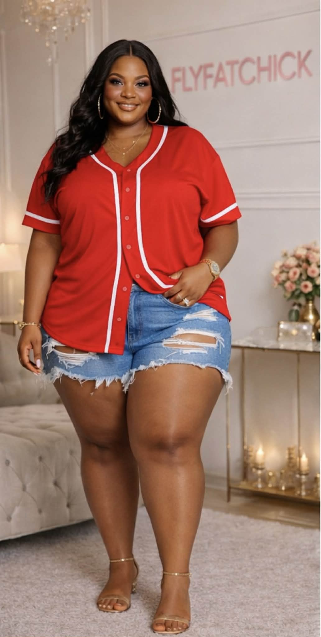 PLUS SIZE BUTTON UP JERSEY TOP-RED/WHITE-45