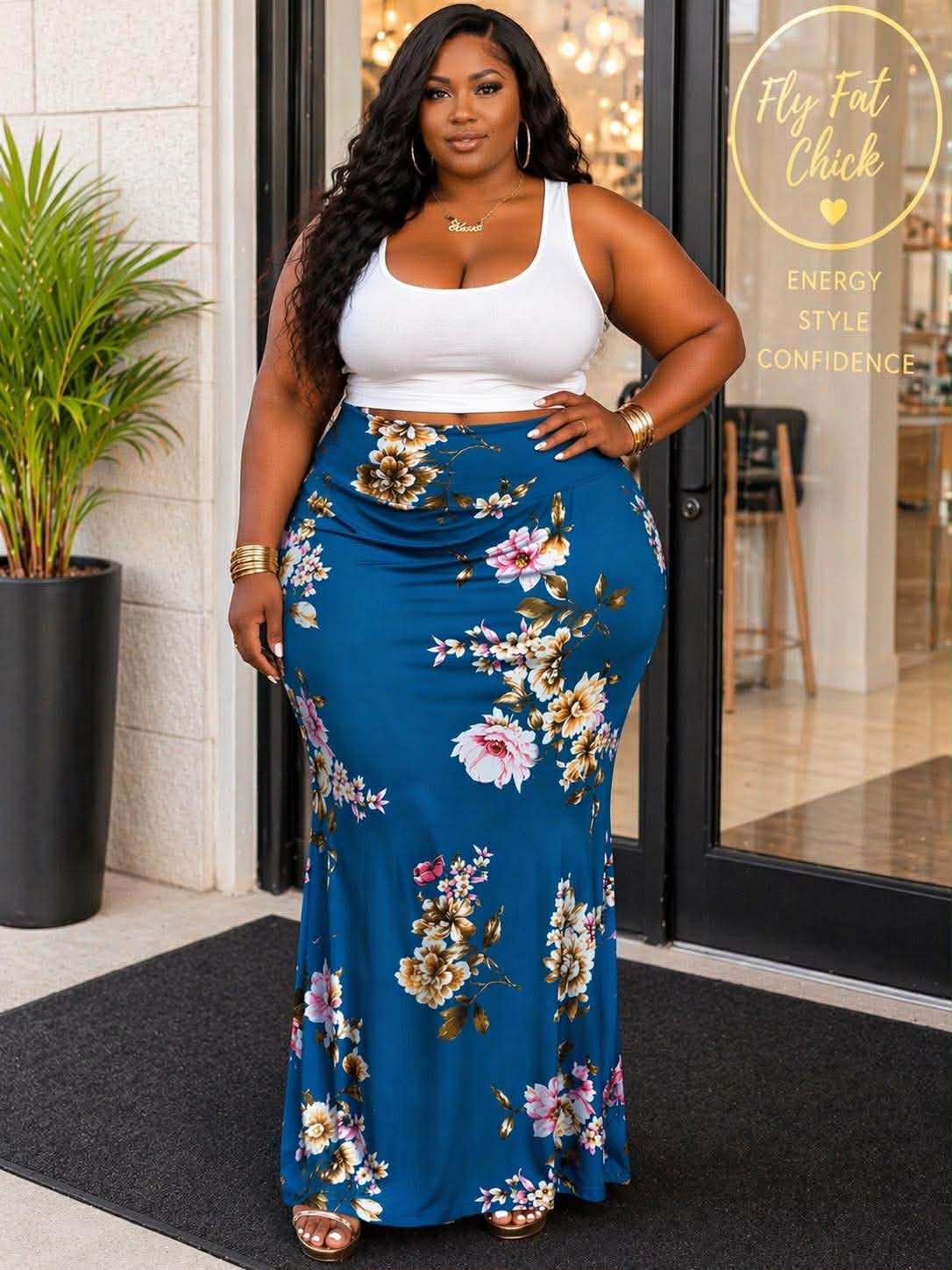 PLUS SIZE MAXI SKIRT-FLORAL MIX-TEAL-59