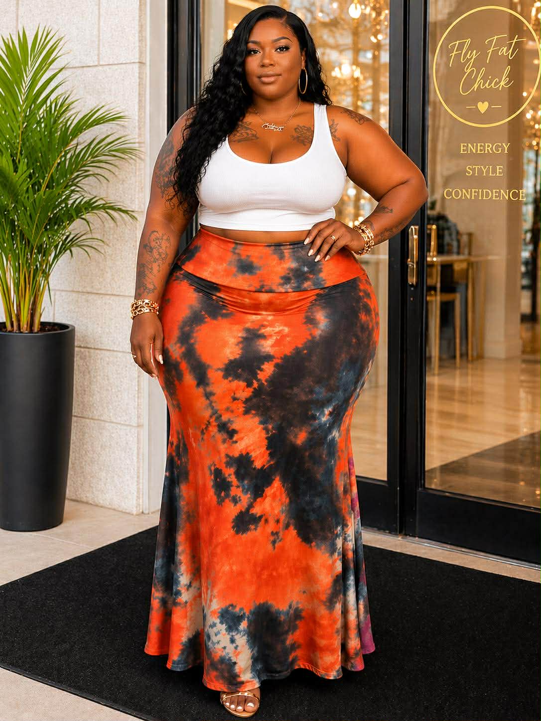 PLUS SIZE MAXI SKIRT-ORANGE TYE DYE-72