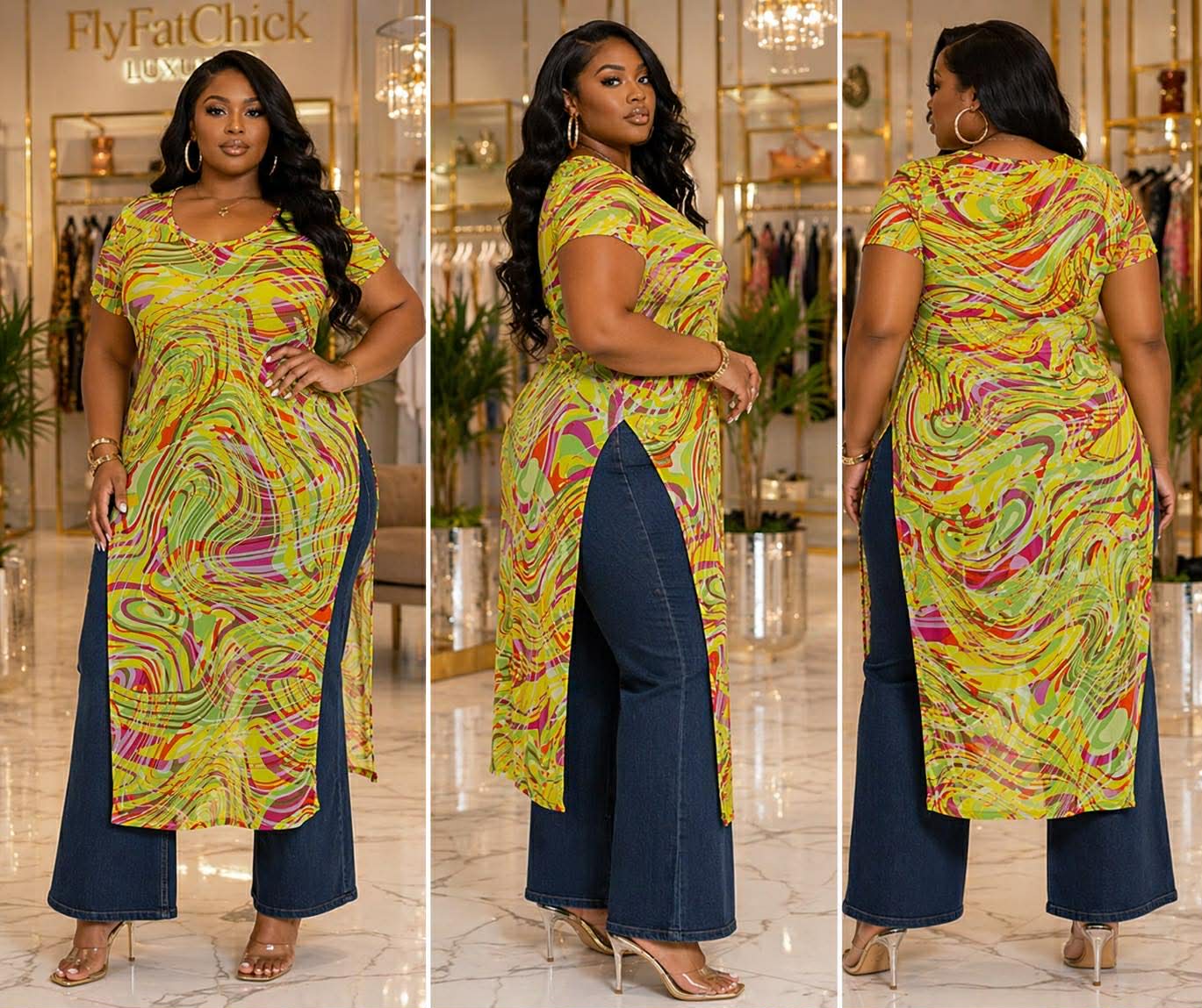 Plus Size Mesh Print Short Sleeve Side Slits Top-YELLOW MIX-60