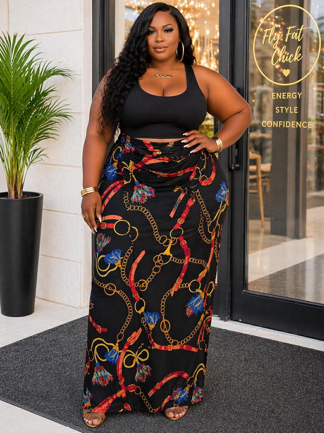 PLUS SIZE MAXI SKIRT-BLACK/MULTI CHAIN MIX