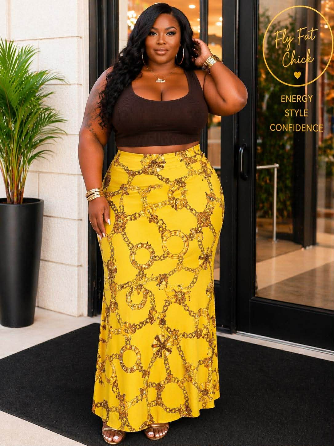 PLUS SIZE MAXI SKIRT-MUSTARD CHAIN MIX-