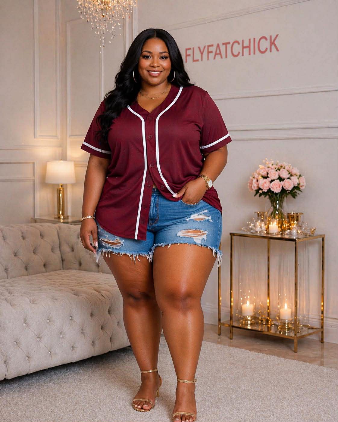 PLUS SIZE BUTTON UP JERSEY TOP-BURGUNDY/WHITE-00