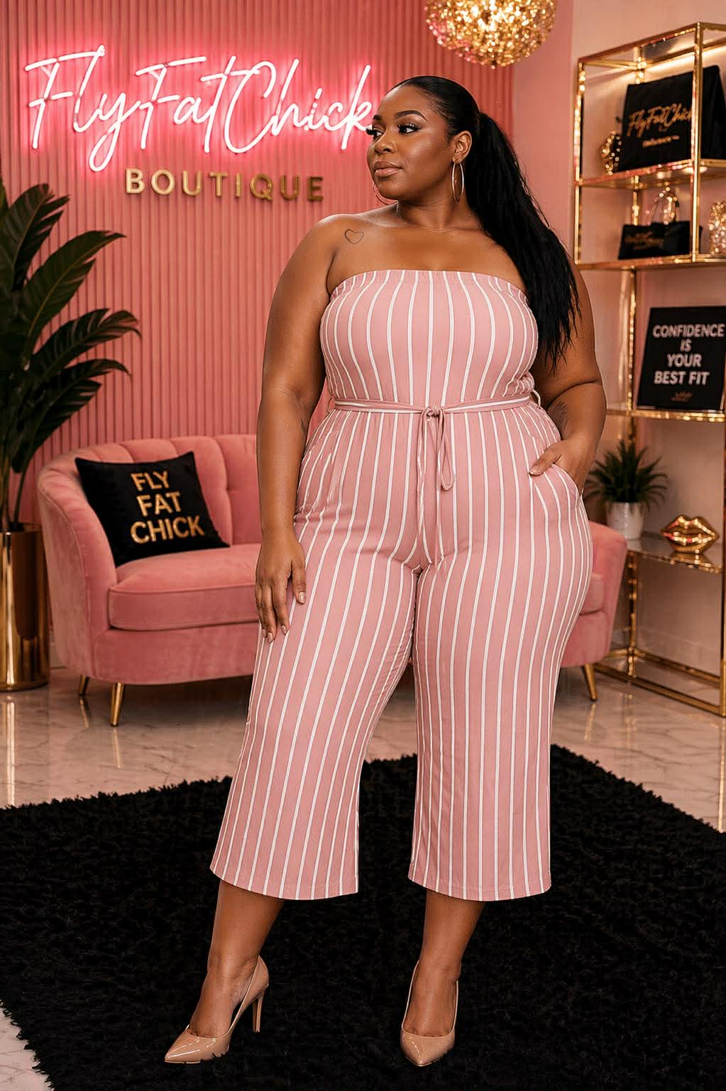 PLUS SIZE HALTER STRIPED CULLOT JUMPSUIT W/BELT-MAUVE-04