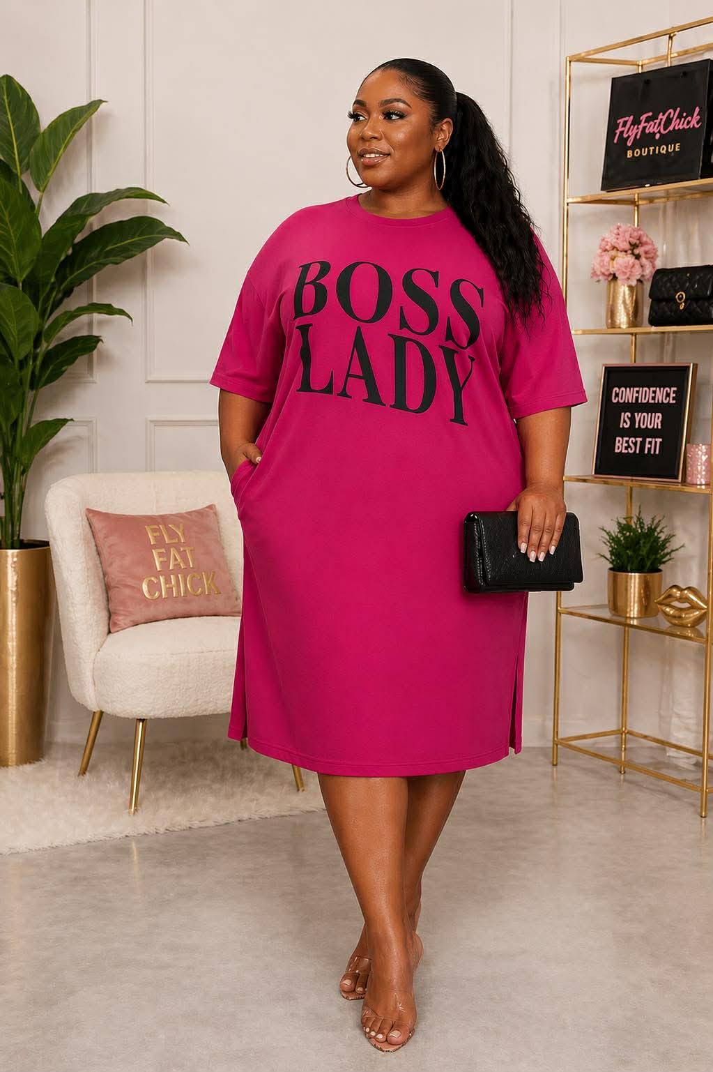 PLUS SIZE "BOSS LADY" 2 -POCKET DRESS-MAGENTA