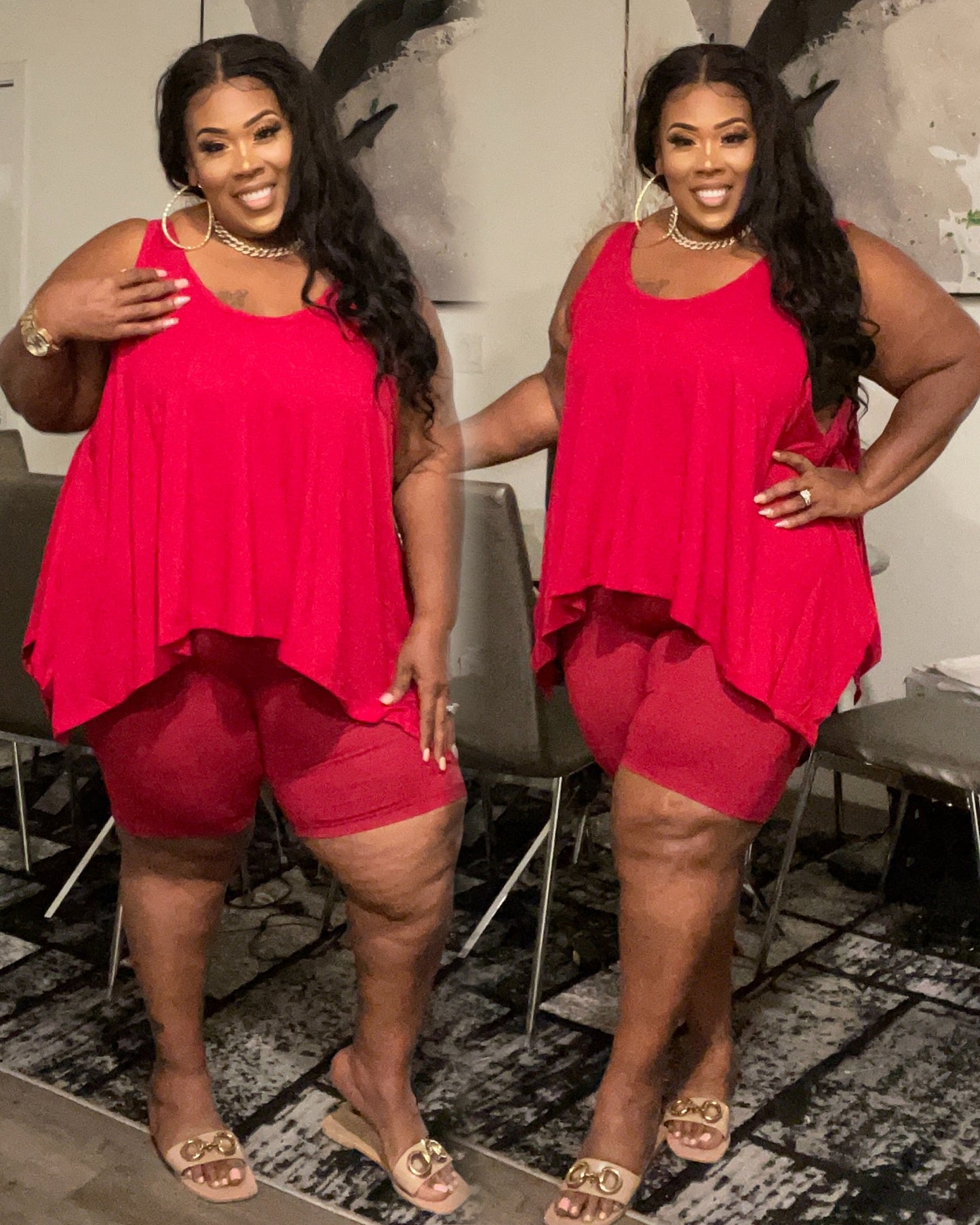 PLUS SIZE SITTIN PRETTY 2-PIECE LOUNGE SHORT SET-CRANBERRY)