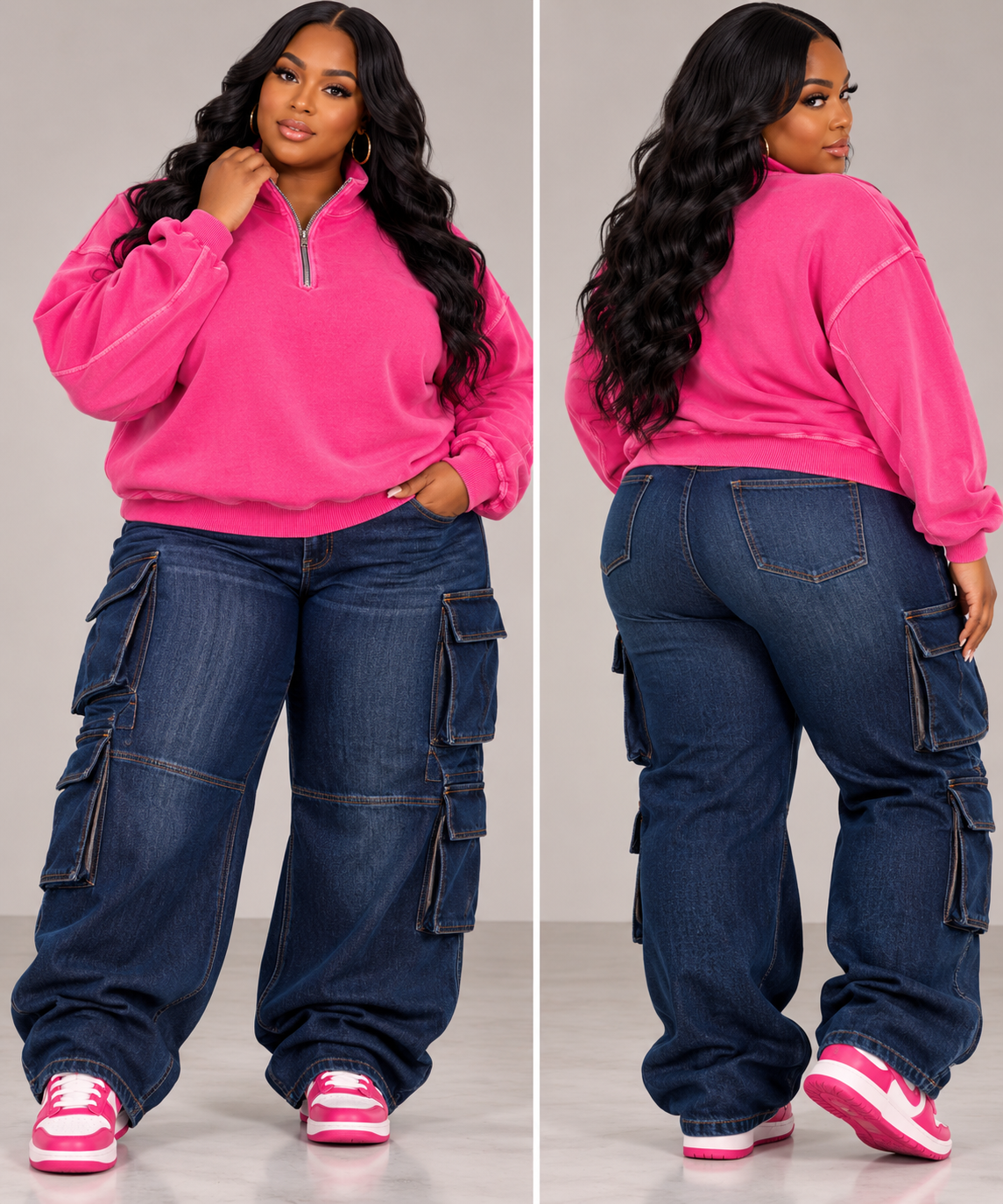 PLUS SIZE MINERAL WASHED ZIP COLLAR SWEATSHIRT-HOT PINK