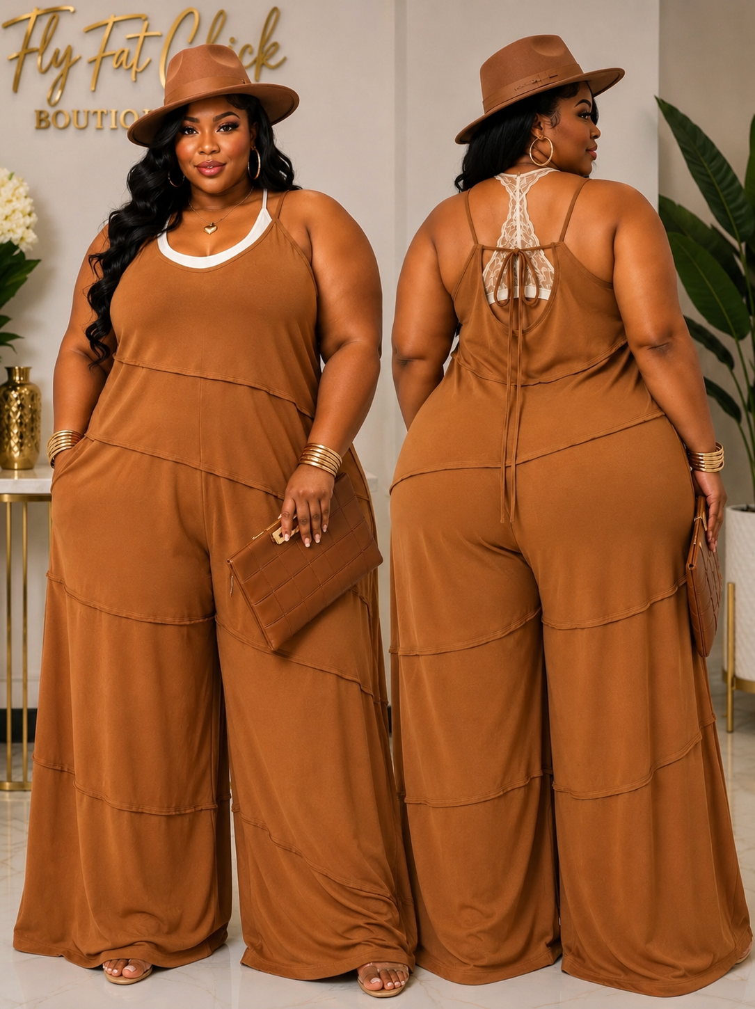 PLUS SIZE "RICH AUNTIE" OVERSIZED WIDE LEG JUMPSUITS-PECAN