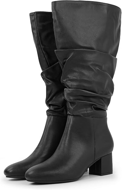 BIG MAMA WIDE CALF CHUNKY HEELS BOOTS-FAUX LEATHER BLACK