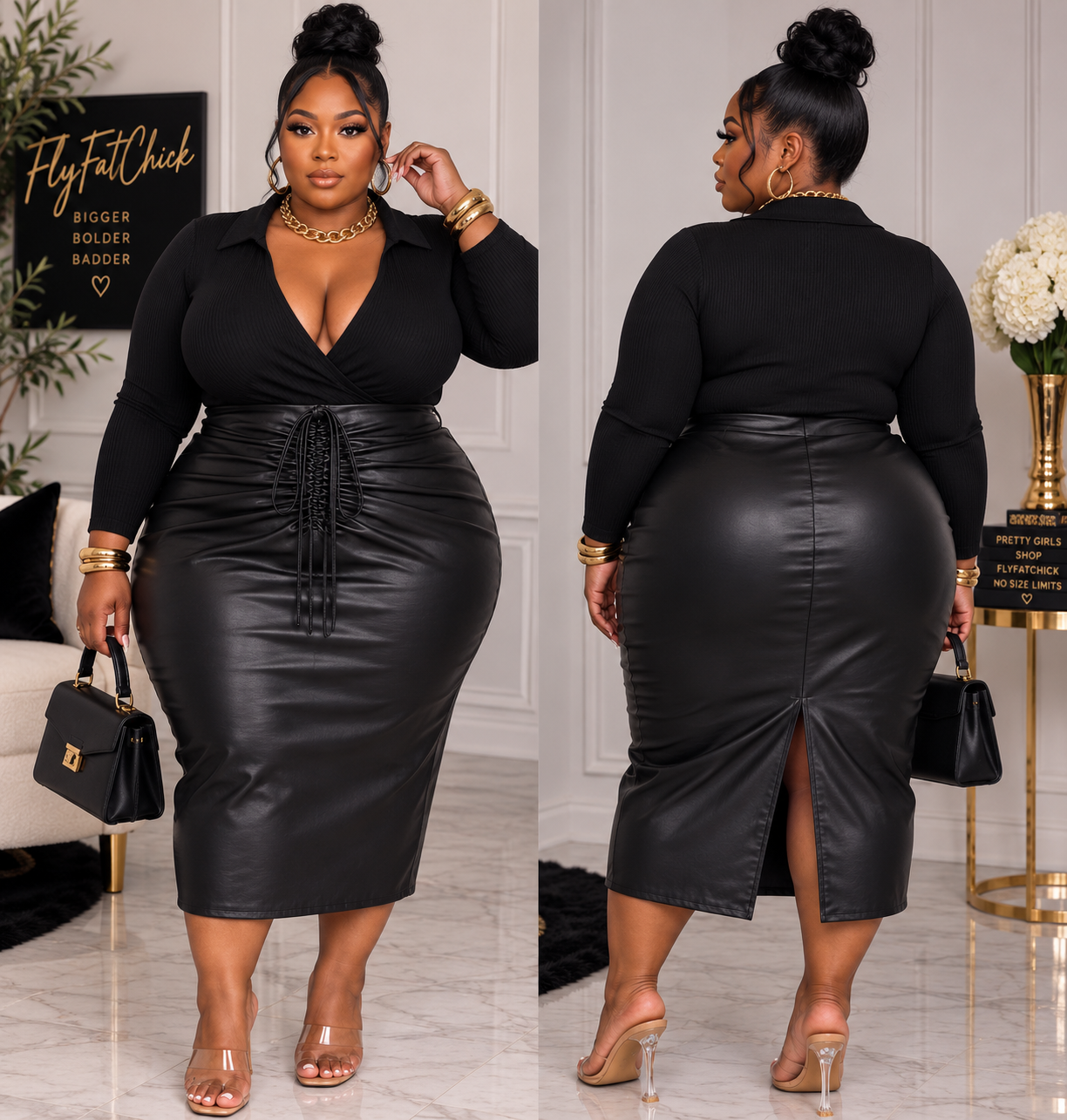 PLUS SIZE Faux Leather Scrunch High Waist-Skirt-BLACK