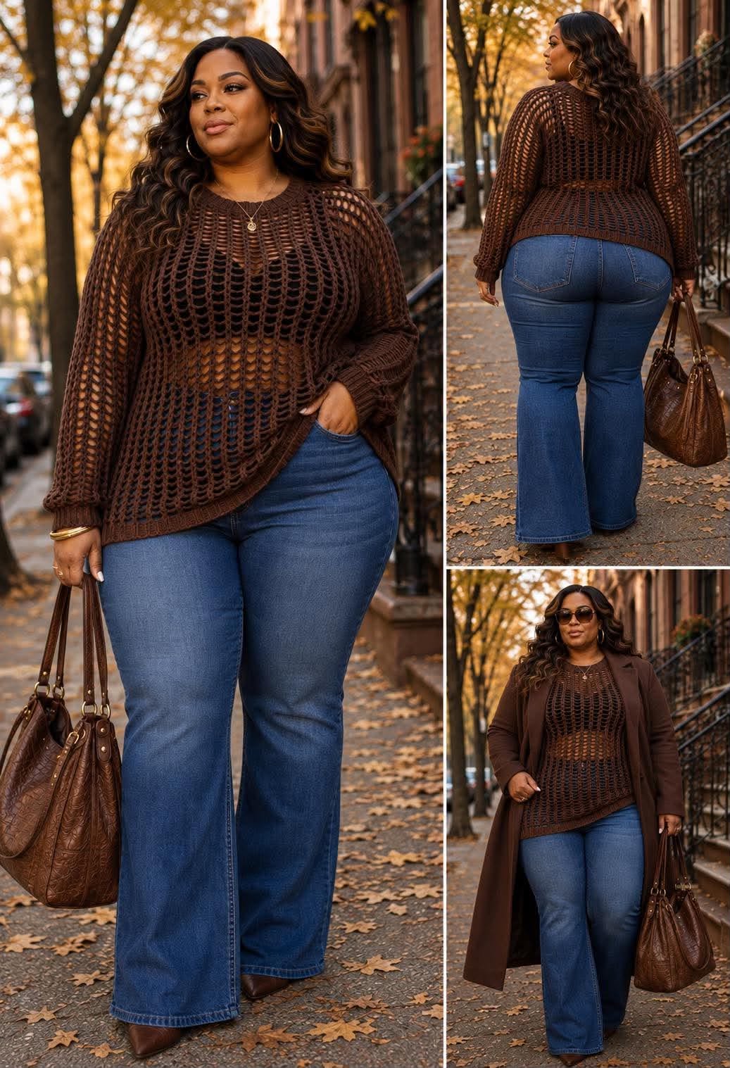 PLUS SIZE LONG SLEEVE CROCHET PULLOVER SWEATER-BROWN