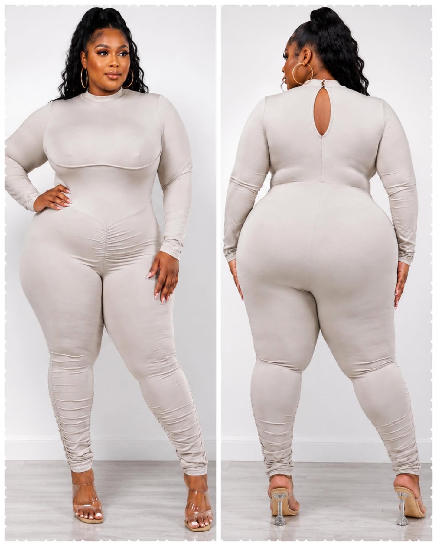 PLUS SIZE Shirred Sleeve Jumpsuit-OATMEAL-01
