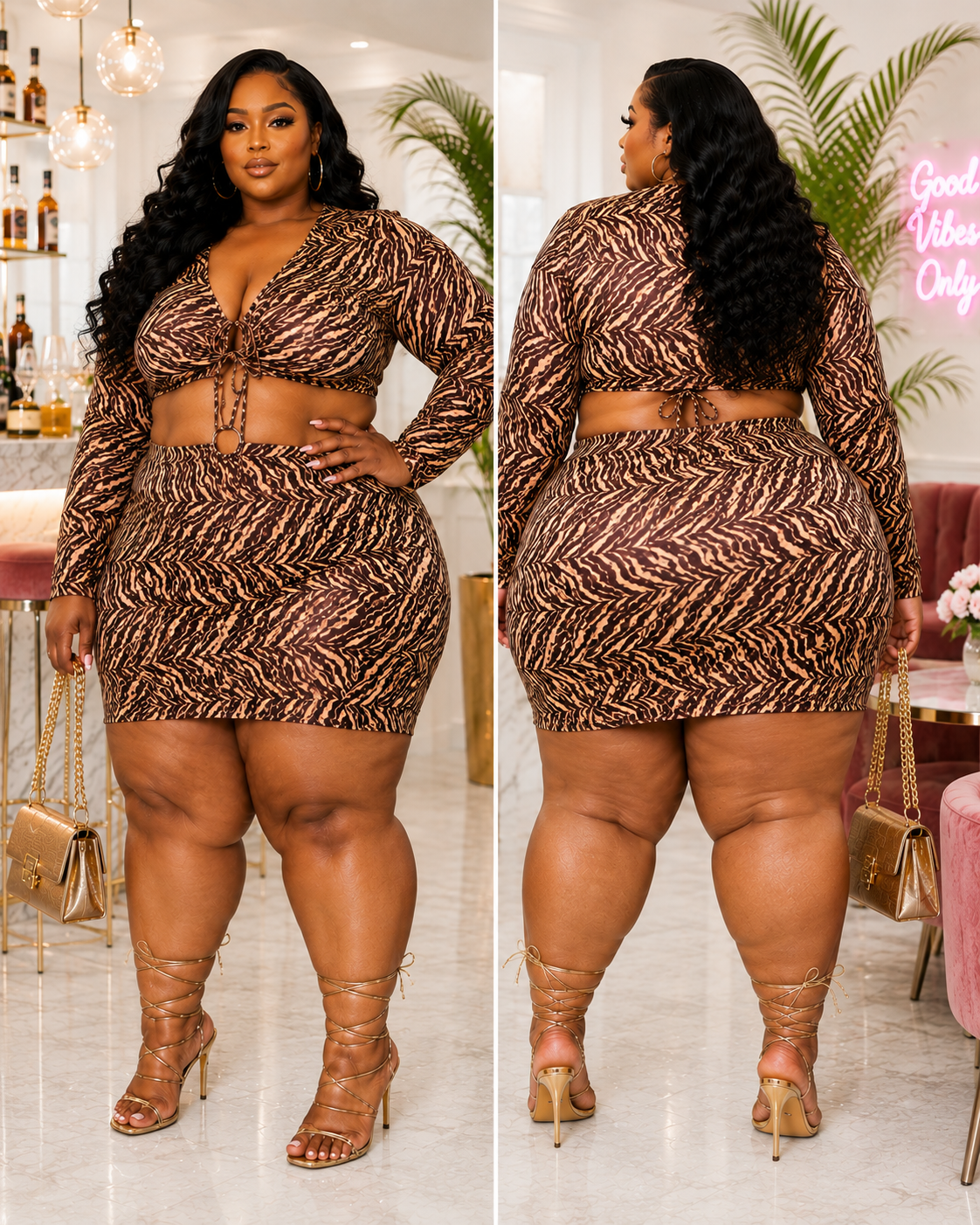 PLUS SIZE LONG SLEEVE CUT OUT ANIMAL PRINT BODYCON