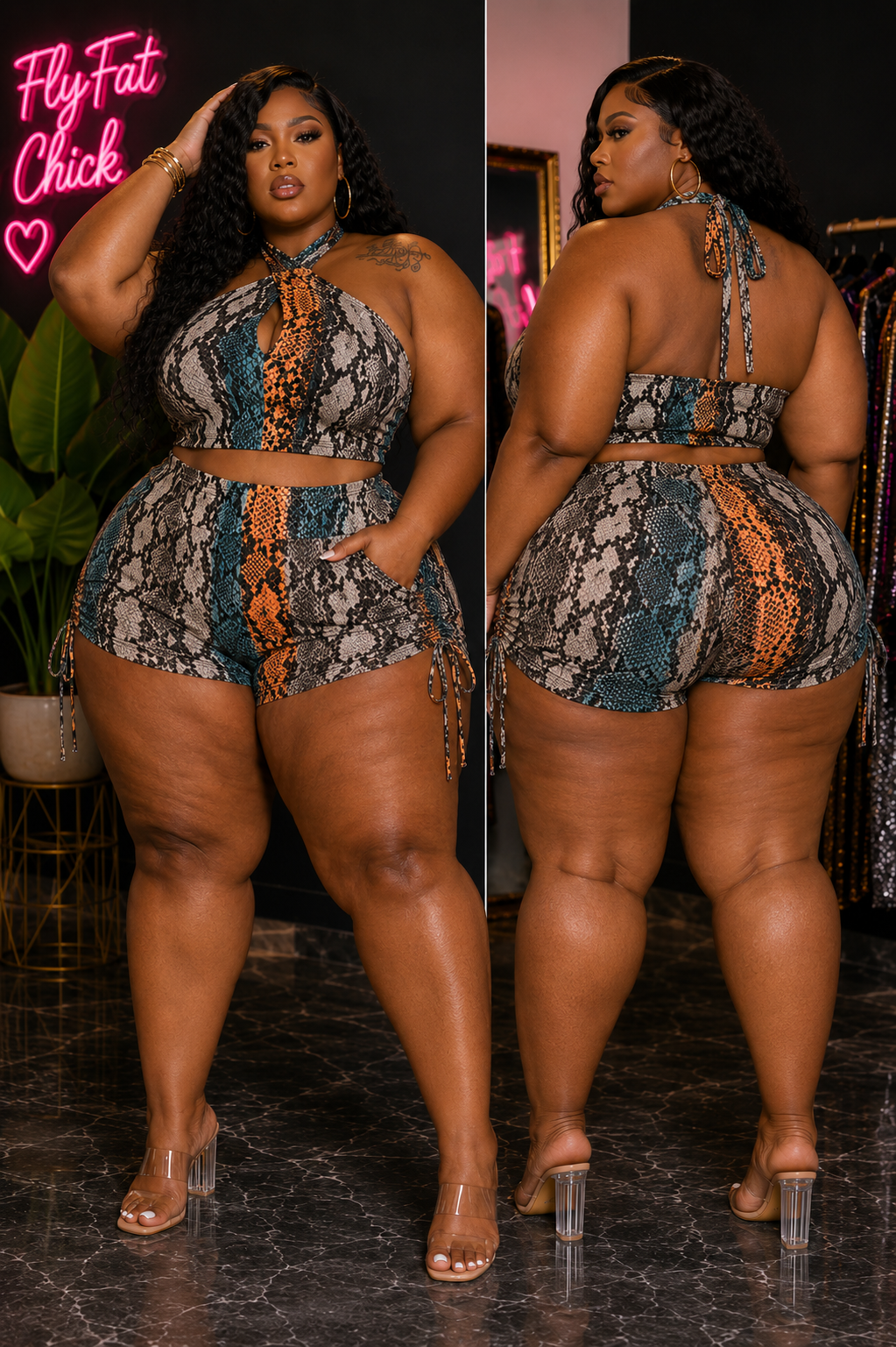 Plus Size "NO COMP"2-PIECE SHORT SET-TEAL SNAKE-30