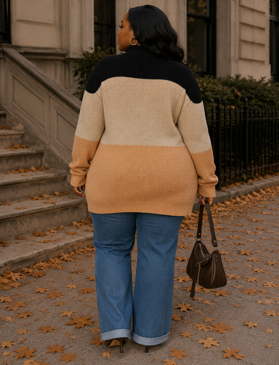 PLUS SIZE LONG SLEEVE TURTLE NECK COLORBLOCK PULLOVER KNIT SWEATER