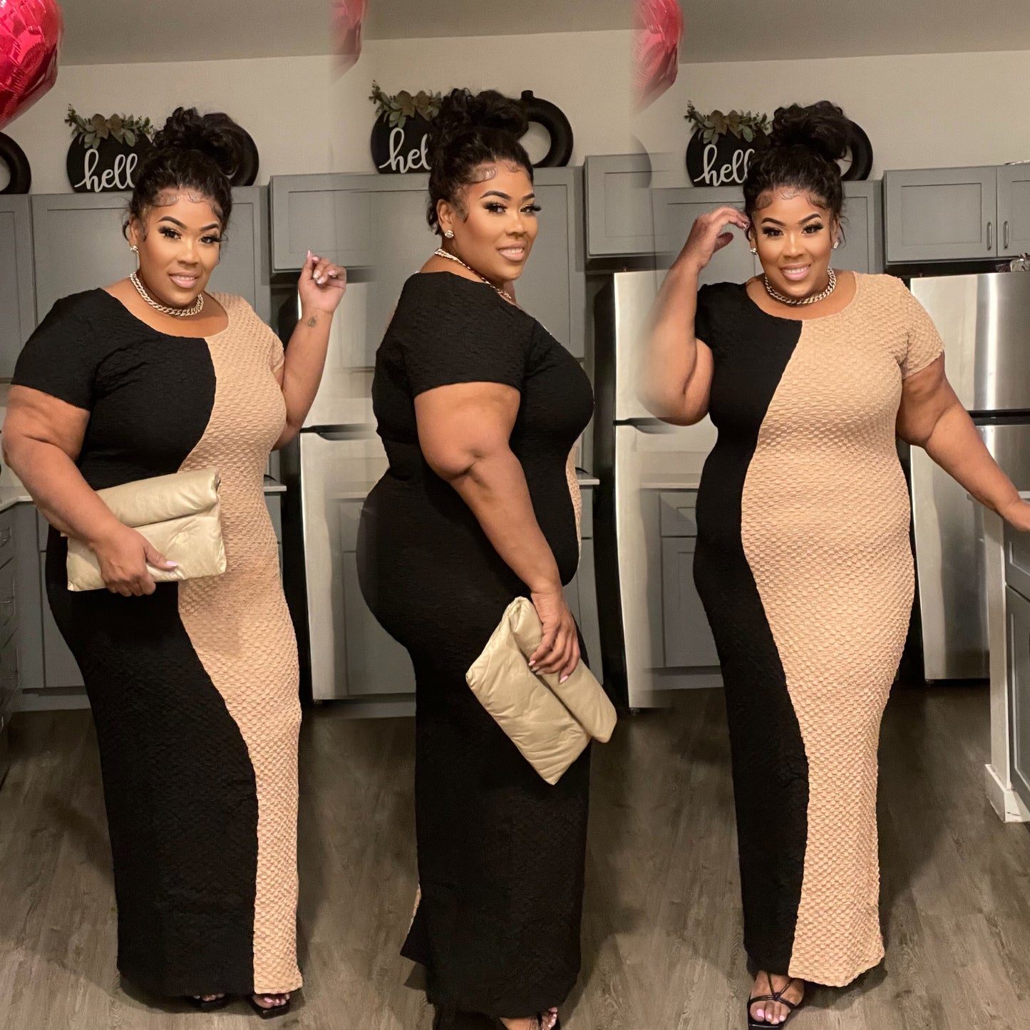 PLUS SIZE HALF & HALF MAXI DRESS-TAUPE/BLACK