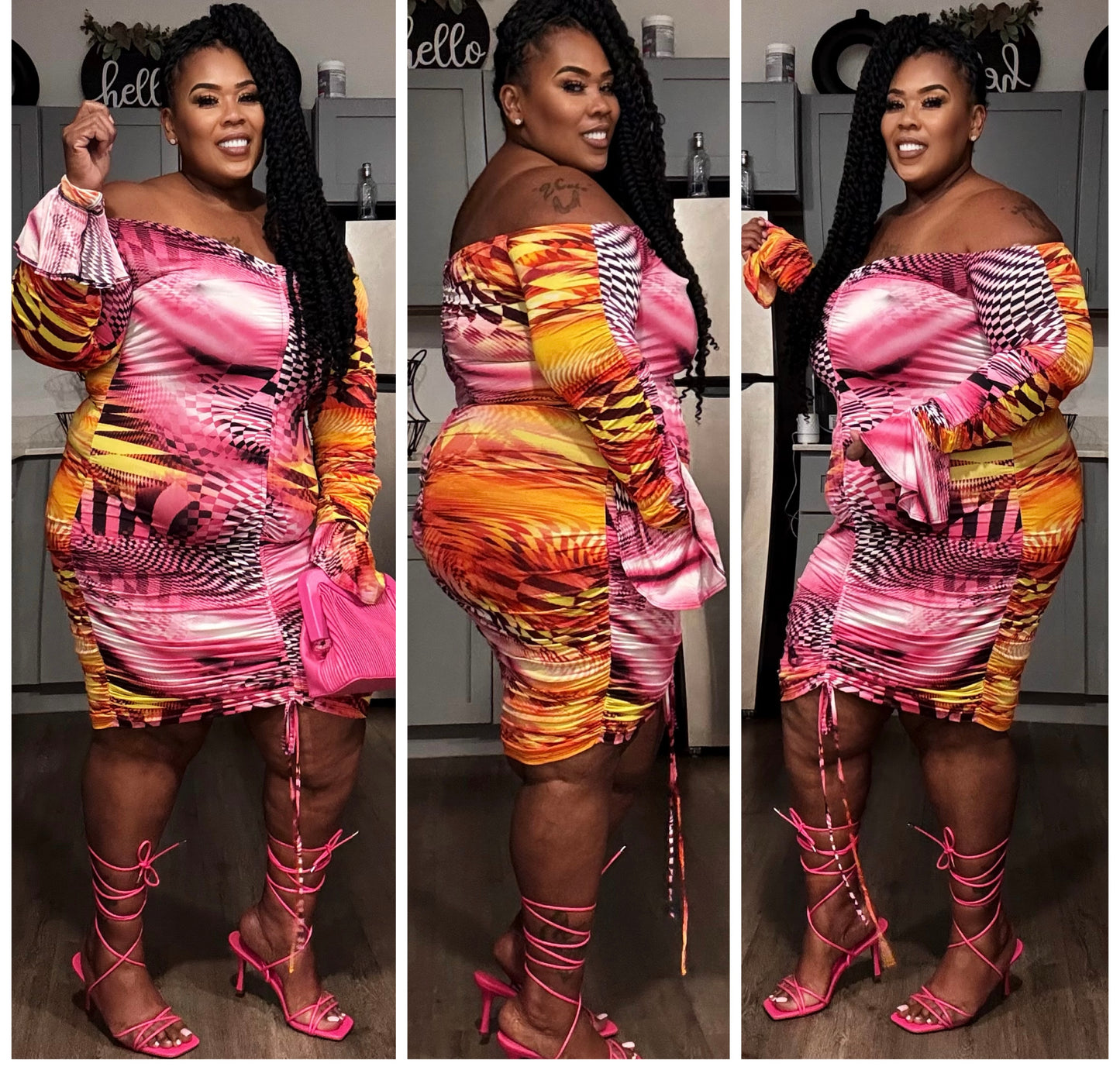 PLUS SIZE RUFFLE CUFF MINI DRESS-FUSCHIA MIX W/ SCRUNCH UP TIE