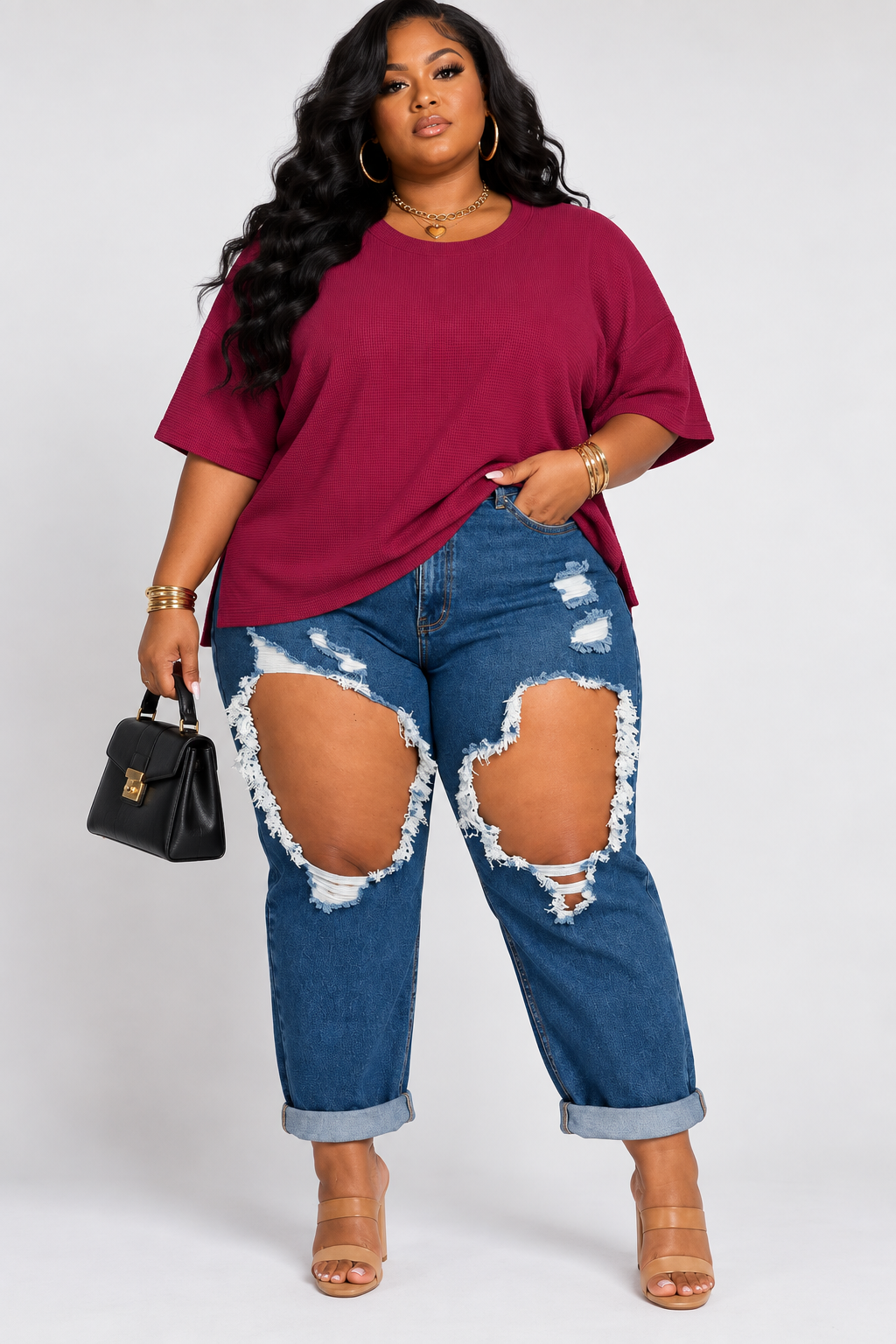 PLUS SIZE Double knit side slits hi low short sleeve top-BURGUNDY