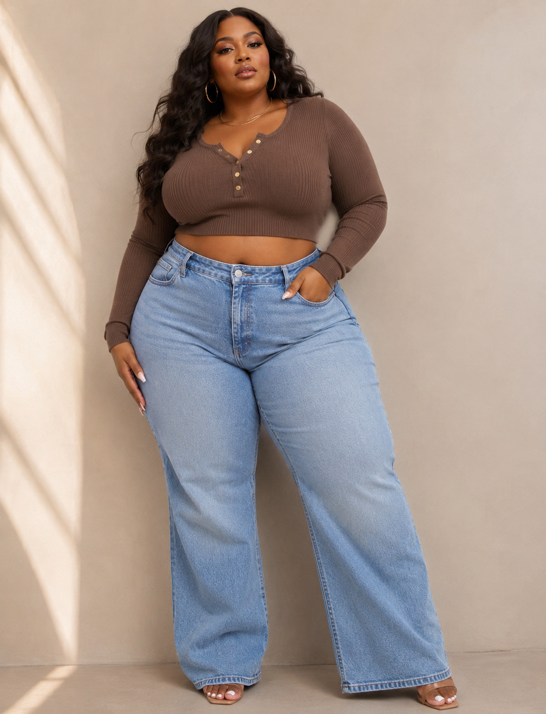 PLUS SIZE LONG SLEEVE RIBBED CROP TOP-BROWN-64