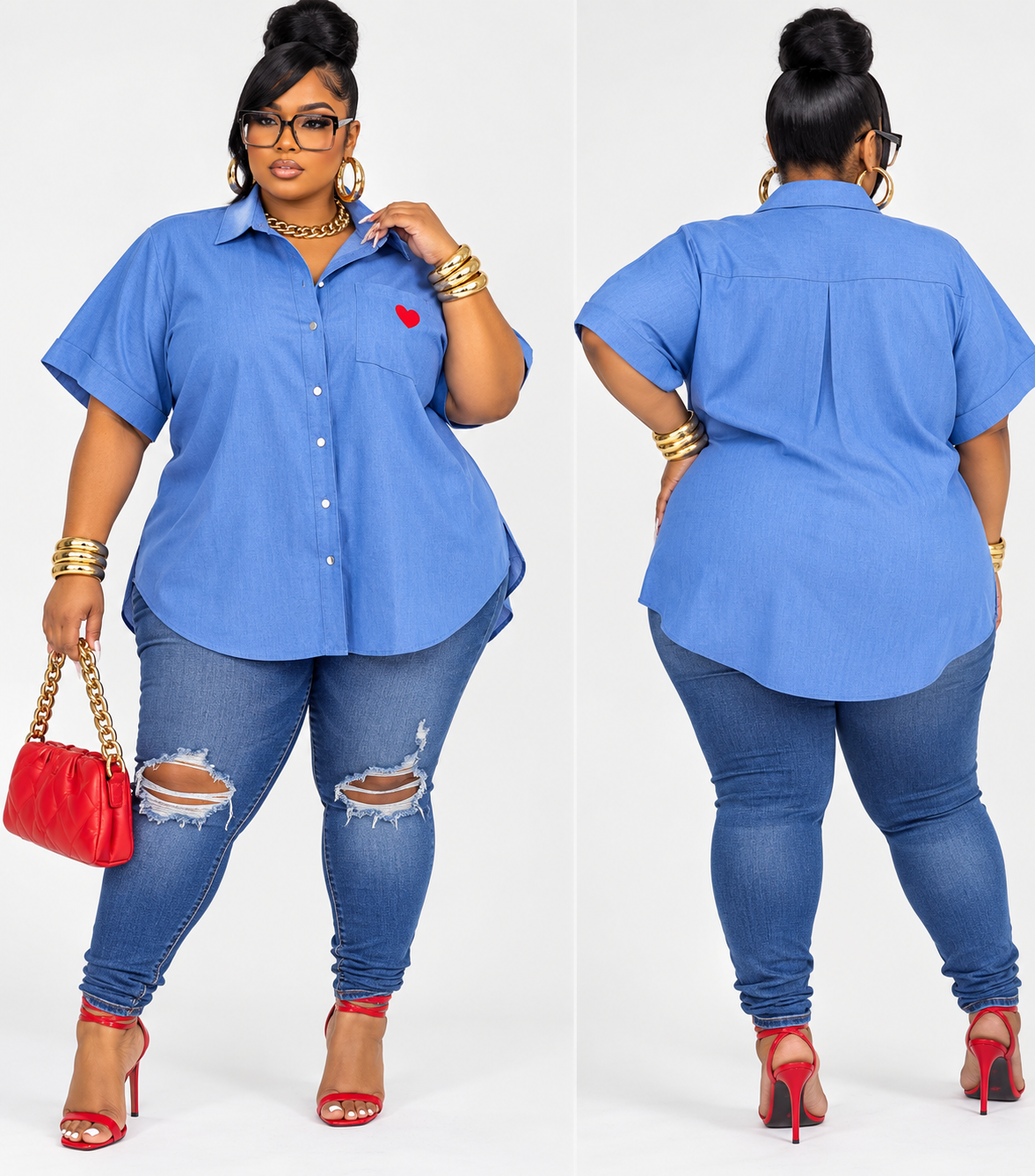 Plus size short sleeve button up front pocket heart blouse-BLUE-13