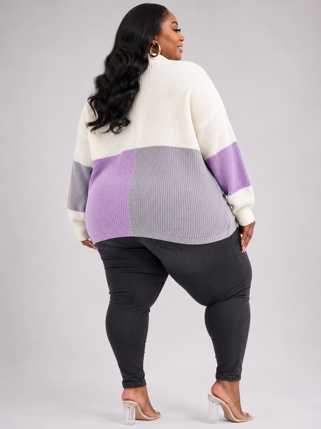 PLUS SIZE LONG SLEEVE MOCK NECK RIBBED COLOR-BLOCK-LILAC