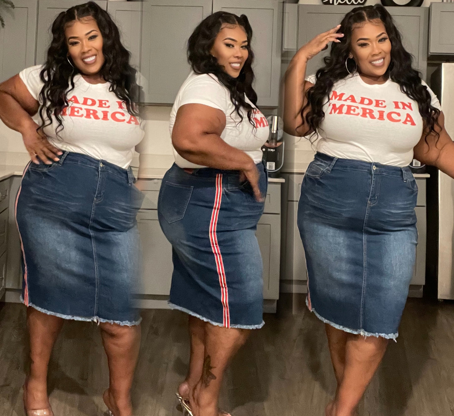 PLUS SIZE STRETCHY Denim Skirt w/RED STRIPED SIDE