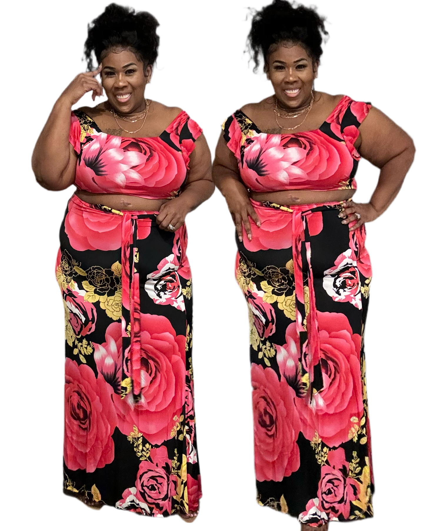 PLUS SIZE RED/BLACK FLORAL 2-PIECE MAXI SKIRT SET