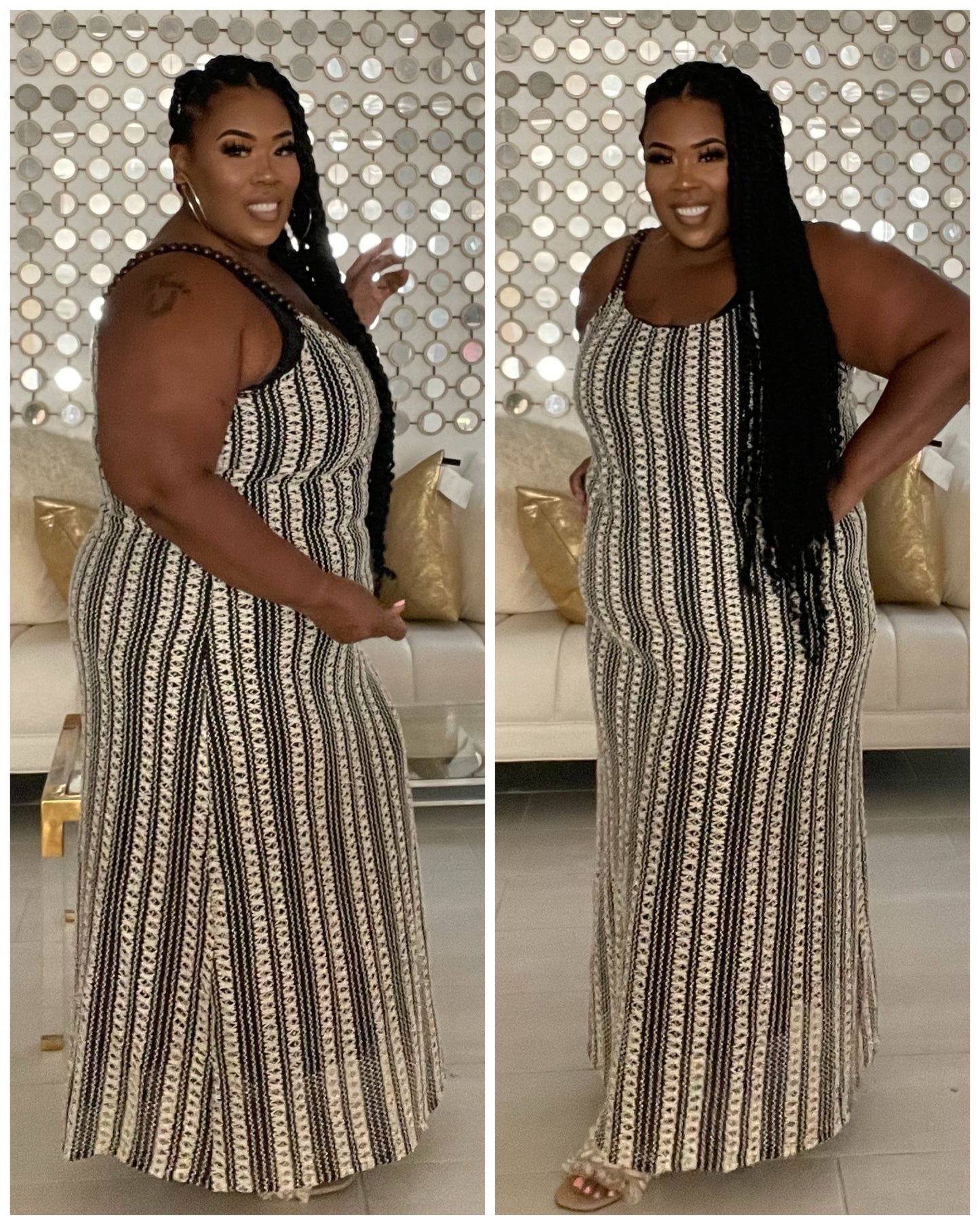 PLUS SIZE BLACK/CREAM CROTCHET MAXI DRESS **NON STRETCH**