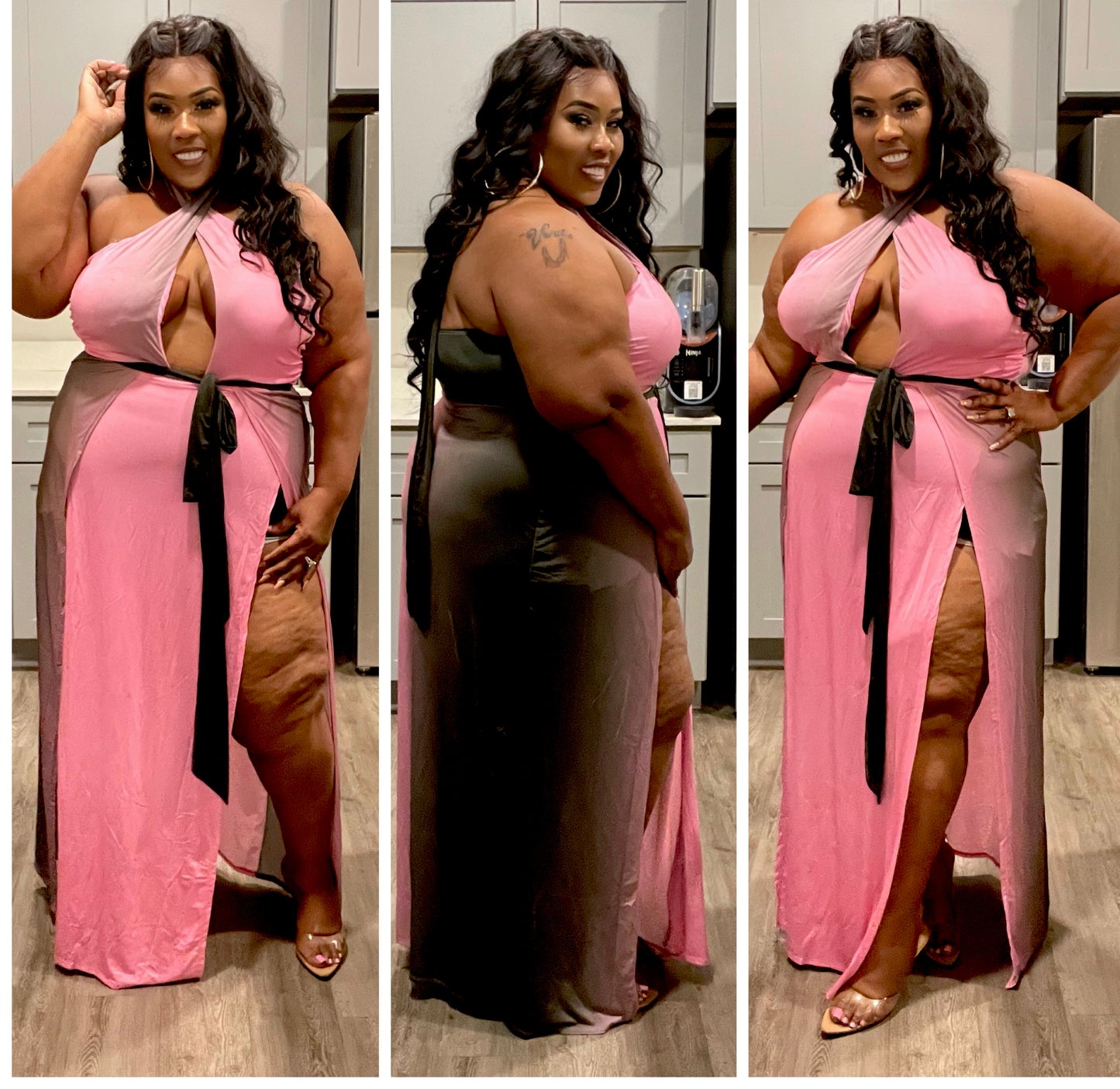 PLUS SIZE CUTOUT HALTER NECK WAIST TIE MAXI DRESS -PINK